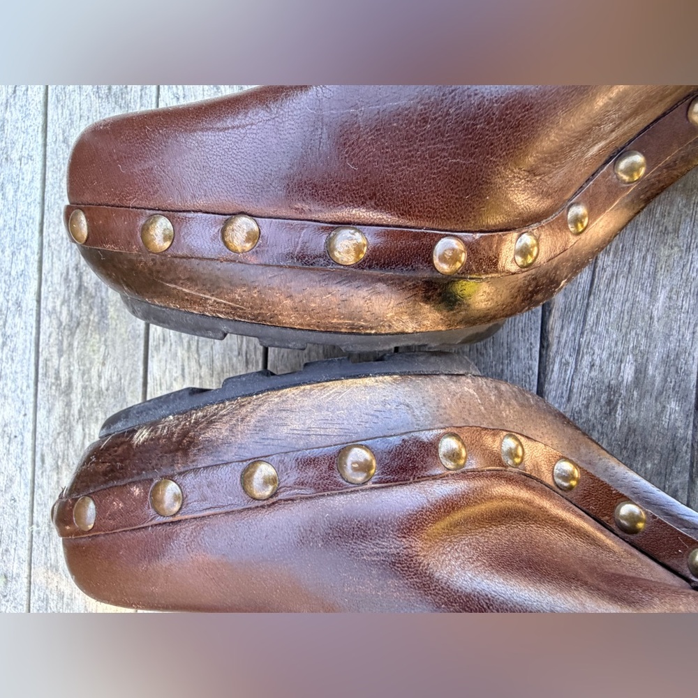 Coach Brown Leather Platform Mules with brass studs and accents. - Picture 4 of 15